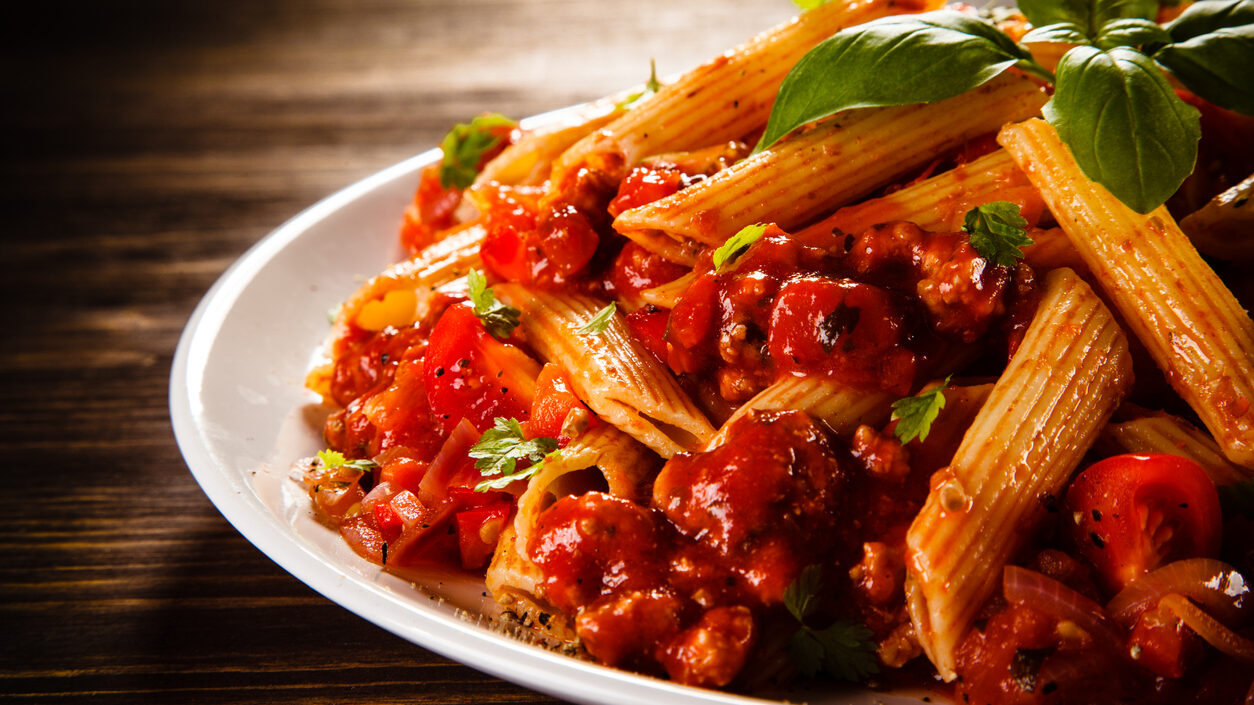 Pasta With Meat, Tomato Sauce And Vegetables
