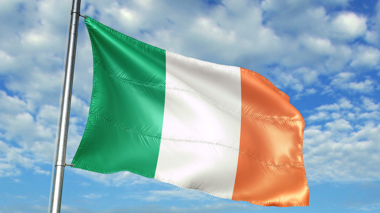 Ireland Flag Waving Cloudy Sky Background