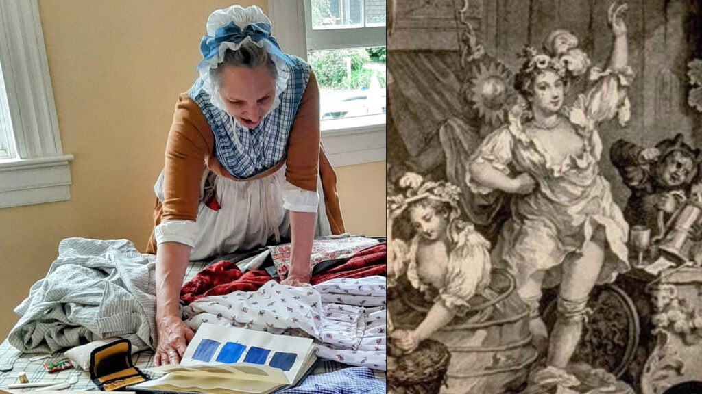 A woman stitching, and a historic drawing of a woman in a shift