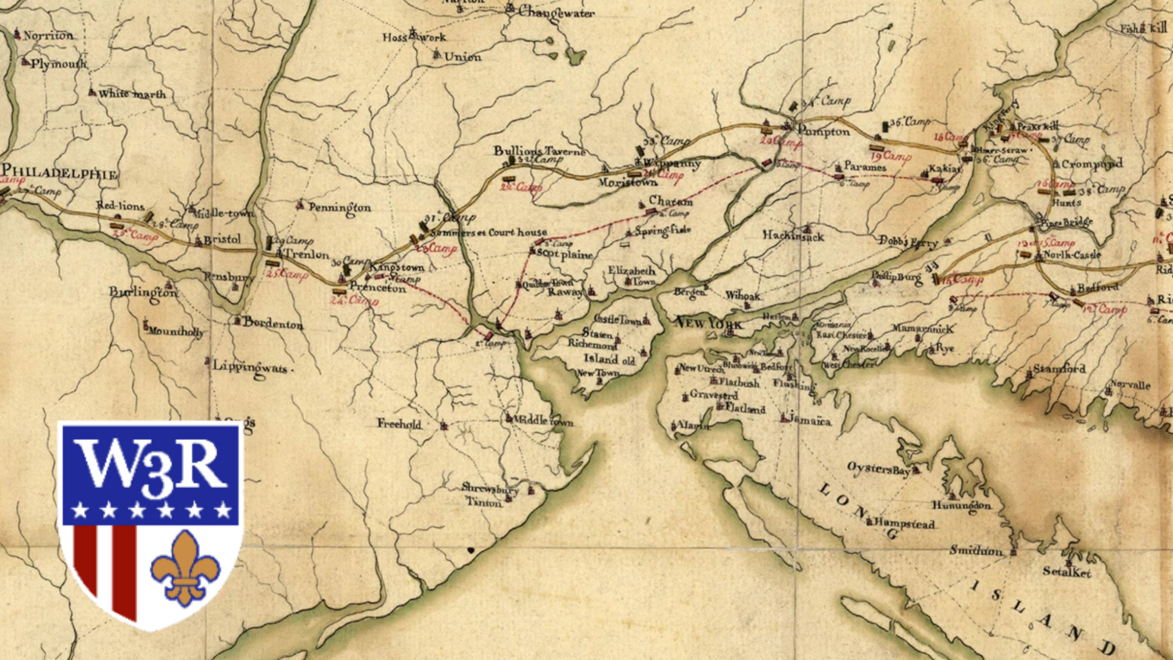 A map of New Jersey in the Revolution and the W3R logo