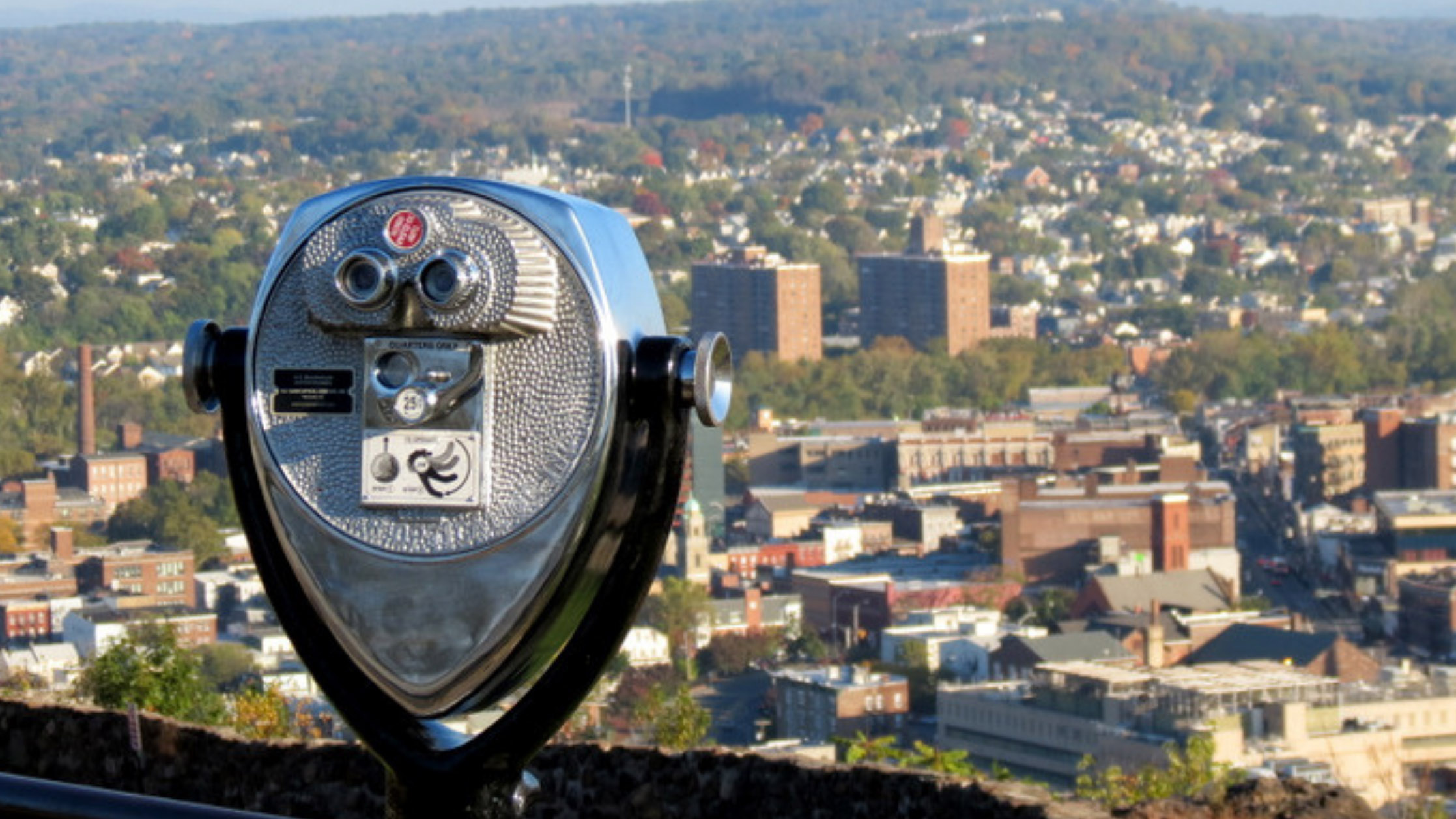 The view from the top of Garret Mountain Park, with park binoculars